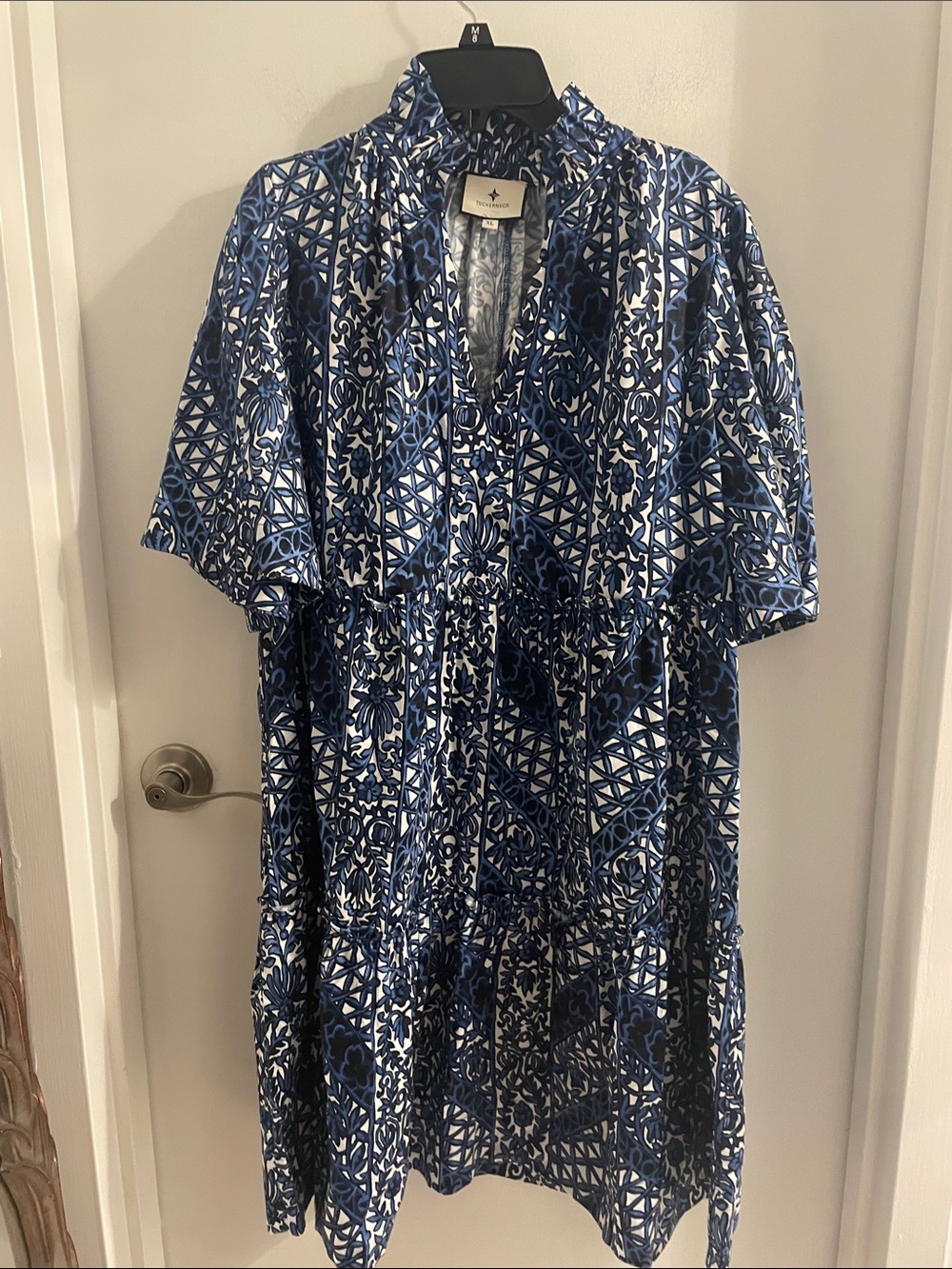 Tuckernuck XL Montecito Midnight Blue Floral V-Neck short slv Tiered mini Dress